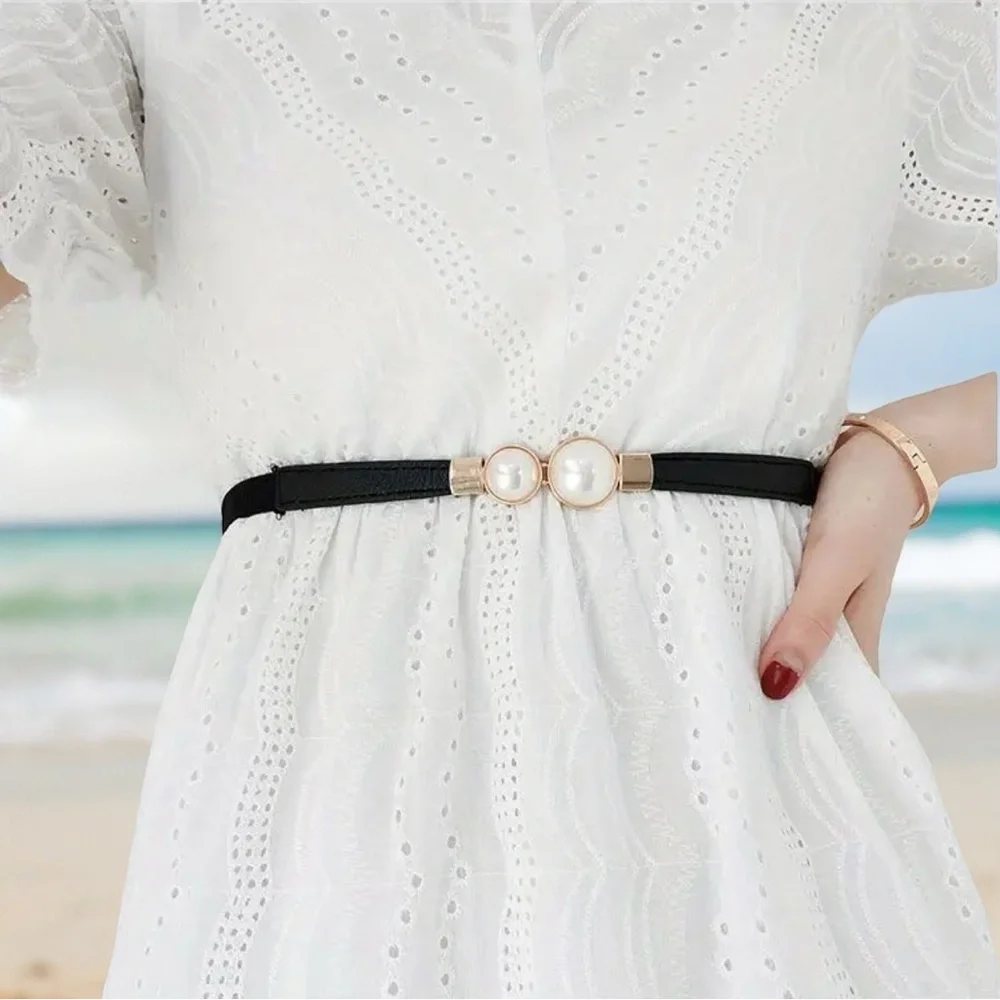 Thin Double Faux Pearl‎ Buckle Solid Color PU Leather Waist Thin Belt One Size